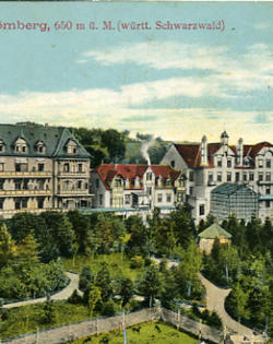 Das Bild zeigt das Sanatorium Schömberg S1 im Jahre 1914 (an gleicher Stelle wie das Luftkurhaus oben)  mit seinem ausgedehnten Park mit Wildgehege, Seeanlage und Wintergarten.